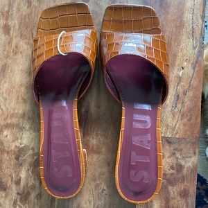 Staud Brown leather Croc-embossed Mules